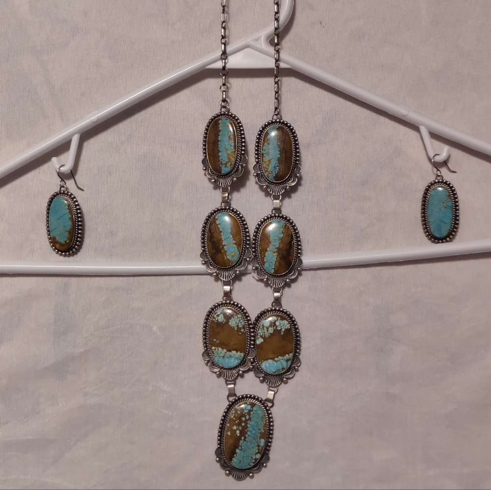 Elegant Sterling Silver Number 8 Turquoise and Brown Necklace With Earrings Set